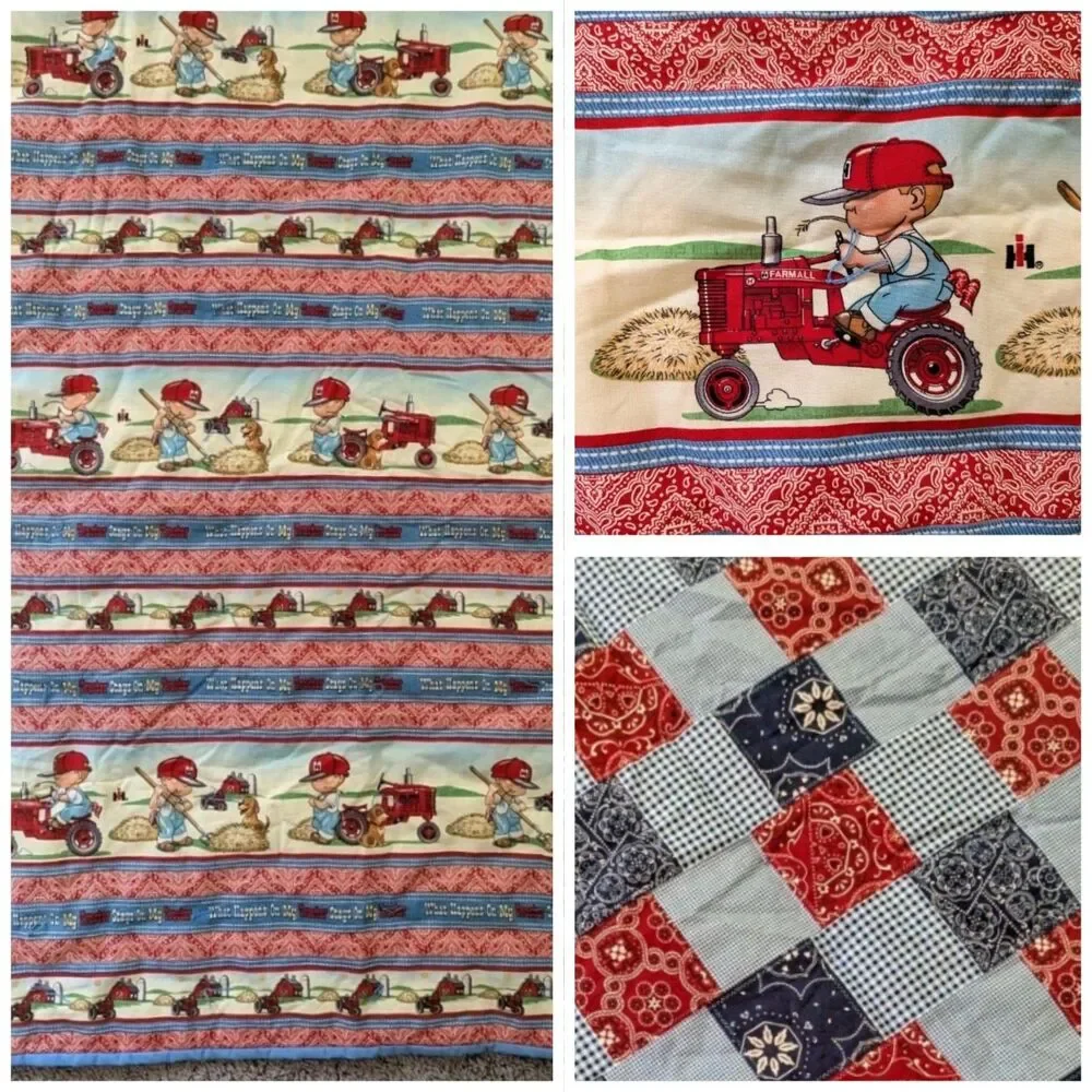 Handmade Farmall Tractor Farm Boy Fabric Quilt Blanket What Happens On My Red IH
